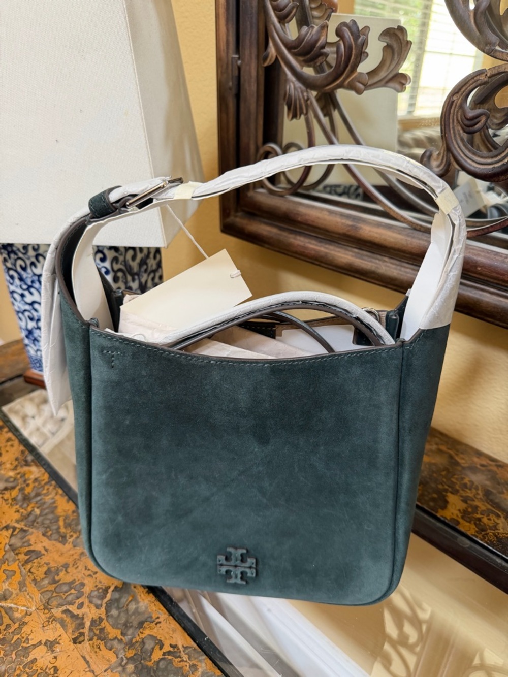 Tory Burch Teal Suede Small Shoulder Bucket Bag